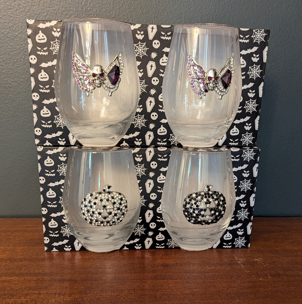 Halloween Bejeweled Jack o Lantern and Skull Moth Stemless Wine Glasses